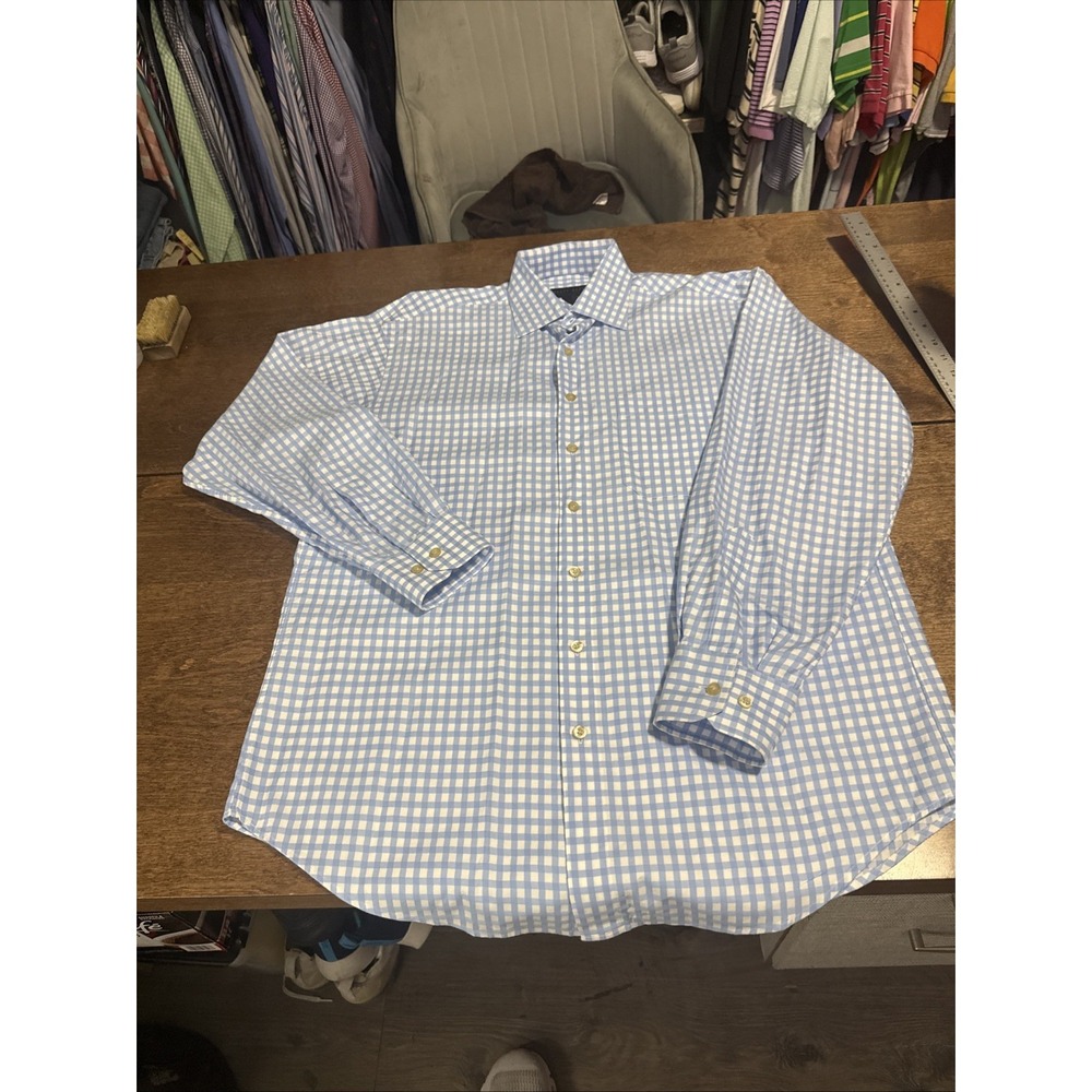 Scott Barber Shirt Mens Med Blue White Checkered Cotton Button Down Collar‎